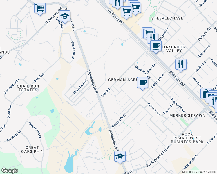 map of restaurants, bars, coffee shops, grocery stores, and more near 3180 Cain Road in College Station