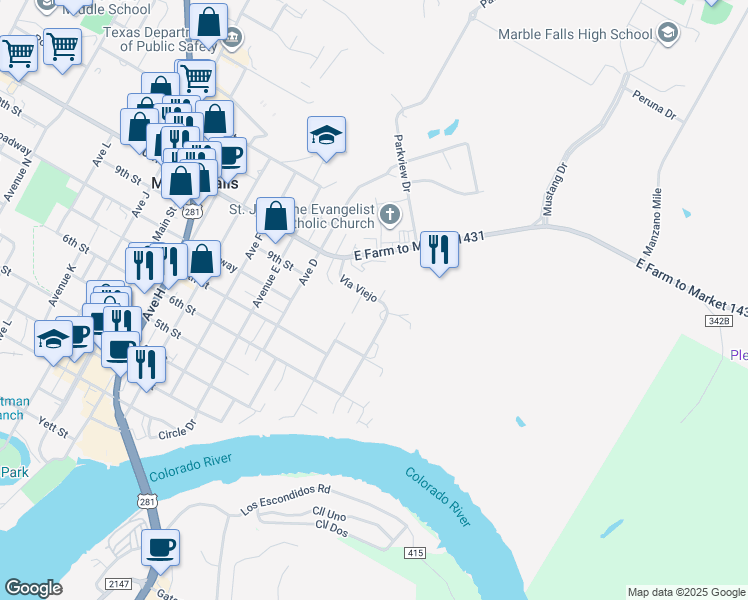 map of restaurants, bars, coffee shops, grocery stores, and more near 904 Vía Viejo in Marble Falls