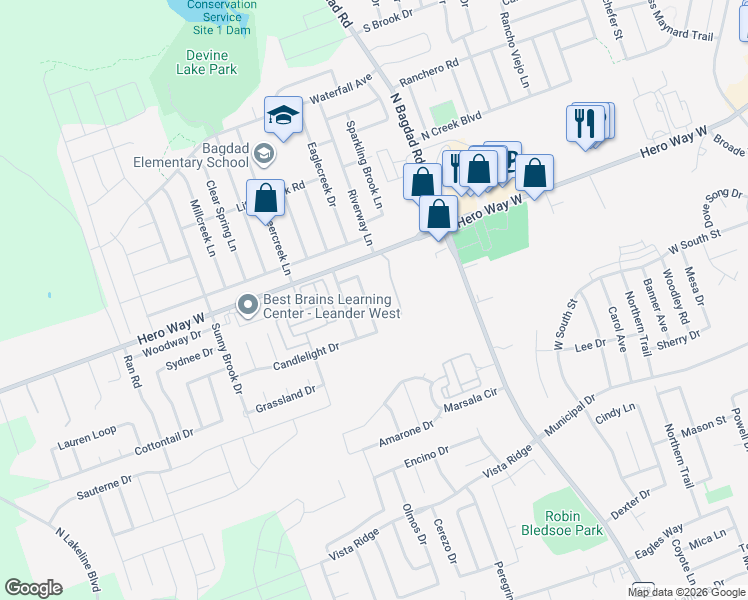 map of restaurants, bars, coffee shops, grocery stores, and more near 400 Bello Drive in Leander