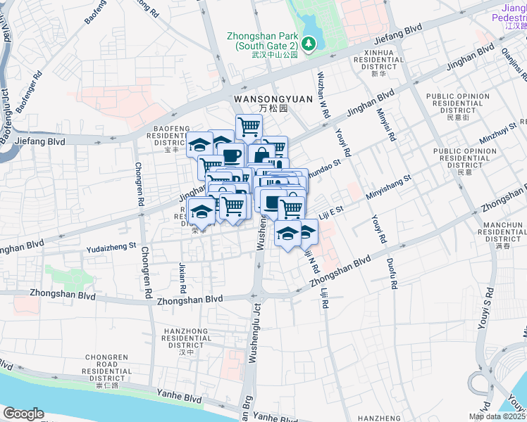 map of restaurants, bars, coffee shops, grocery stores, and more near 111 Wusheng Road in Wuhan Shi