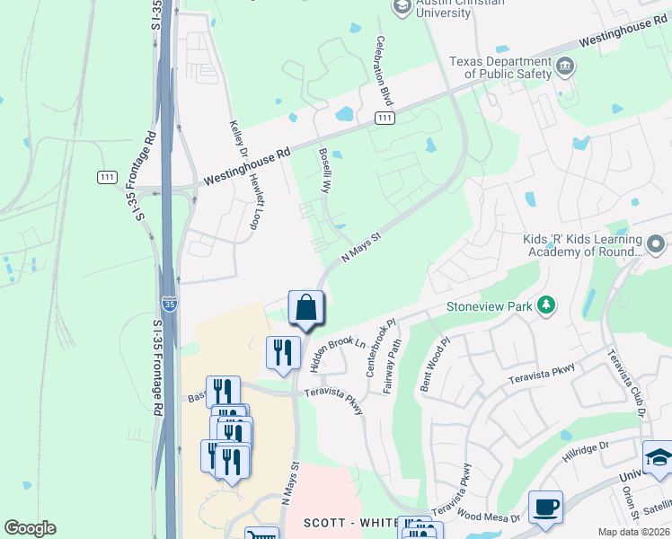 map of restaurants, bars, coffee shops, grocery stores, and more near 60314 Westinghouse Road in Georgetown