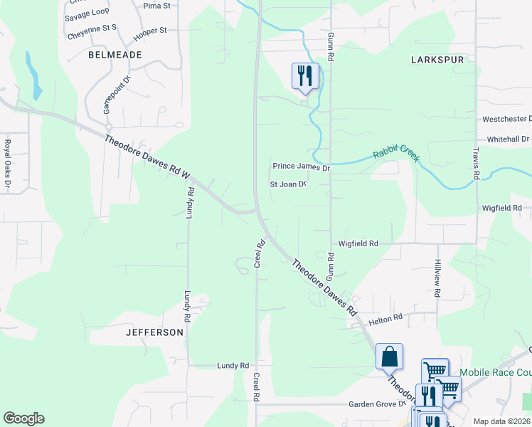 map of restaurants, bars, coffee shops, grocery stores, and more near 7766 Theodore Dawes Road in Theodore