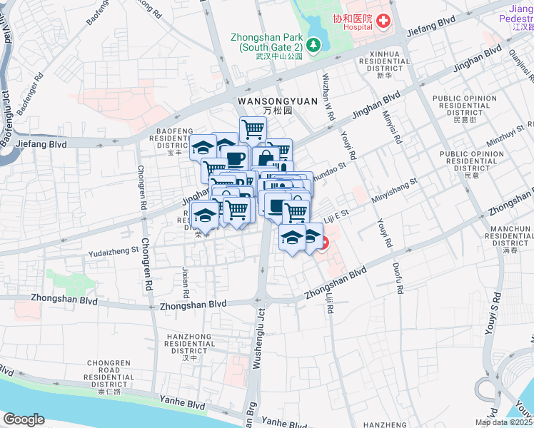map of restaurants, bars, coffee shops, grocery stores, and more near 111 Wusheng Road in Wuhan Shi