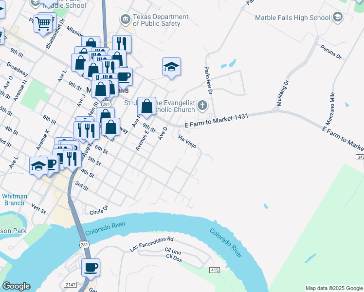 map of restaurants, bars, coffee shops, grocery stores, and more near 200 Vía Viejo in Marble Falls