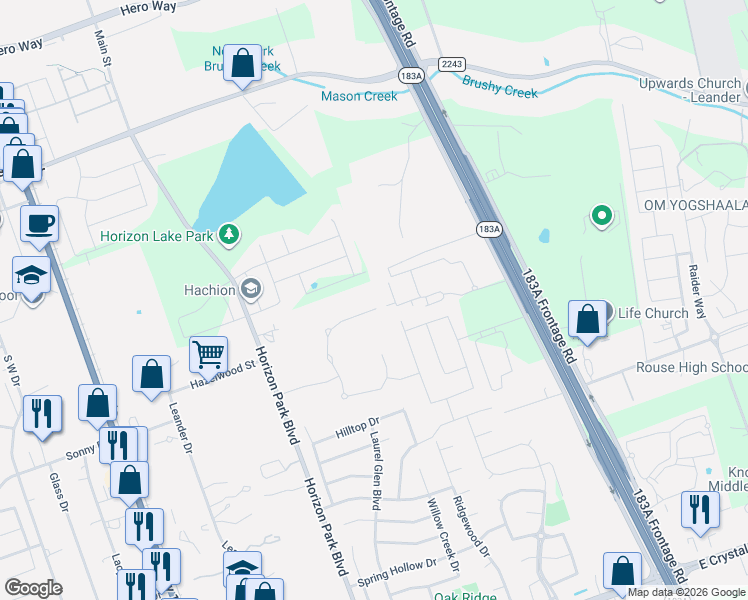 map of restaurants, bars, coffee shops, grocery stores, and more near 1023 Overlook Bend in Leander
