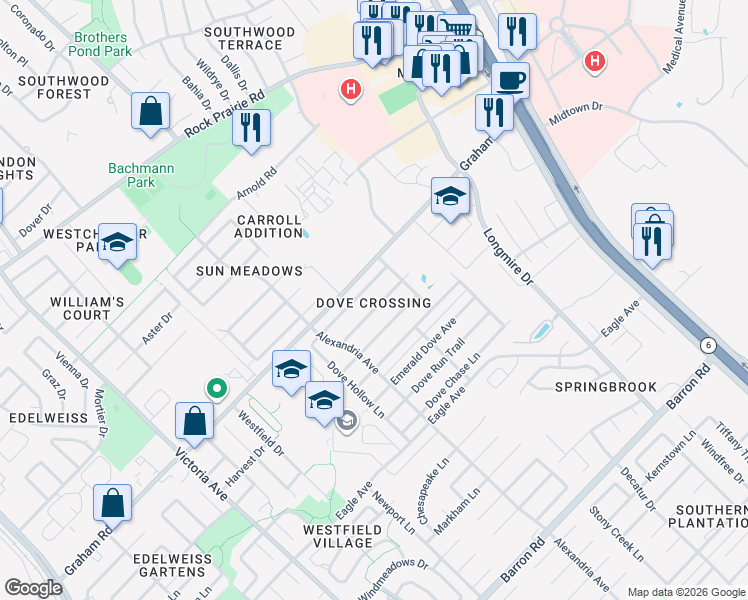 map of restaurants, bars, coffee shops, grocery stores, and more near 935 Crystal Dove Avenue in College Station