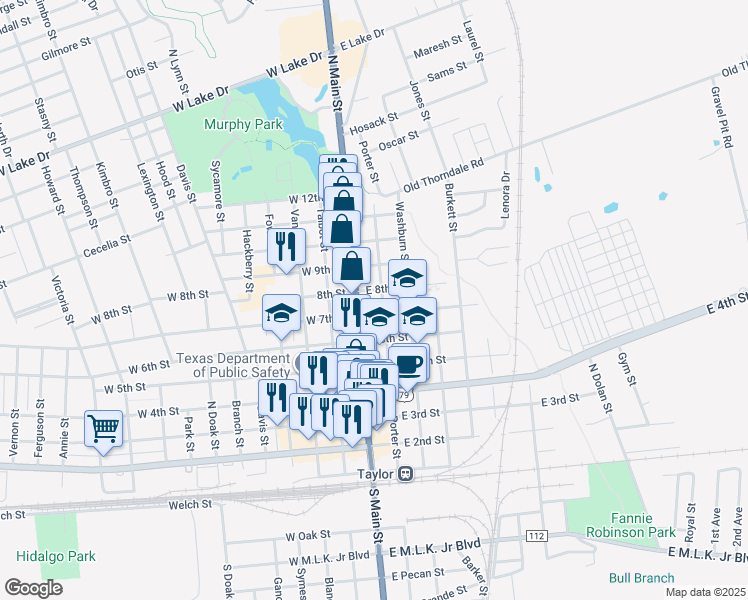 map of restaurants, bars, coffee shops, grocery stores, and more near 800 North Main Street in Taylor