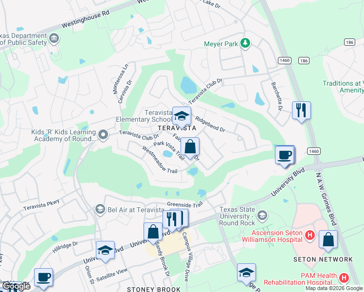 map of restaurants, bars, coffee shops, grocery stores, and more near 4223 Fairmeadow Drive in Round Rock