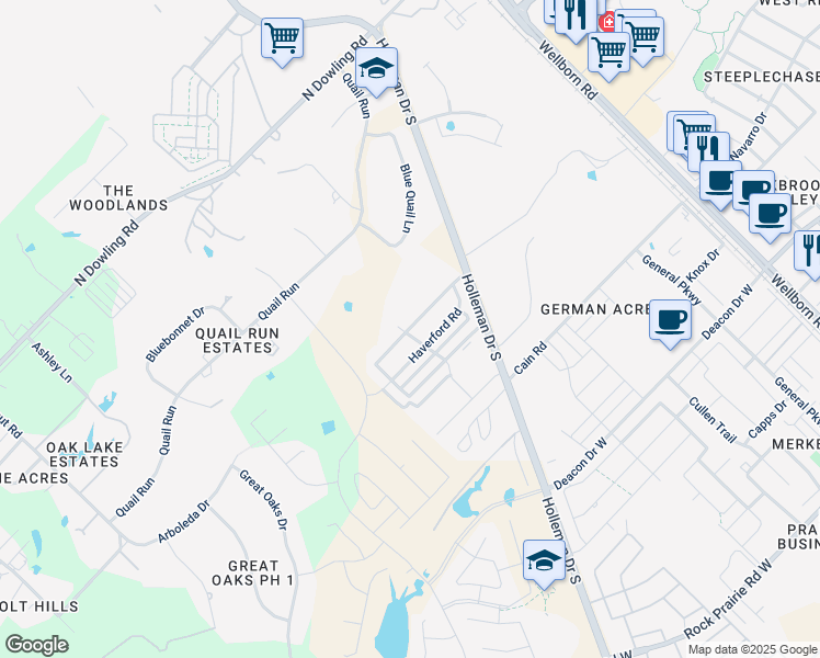 map of restaurants, bars, coffee shops, grocery stores, and more near 3615 Davidson Drive in College Station