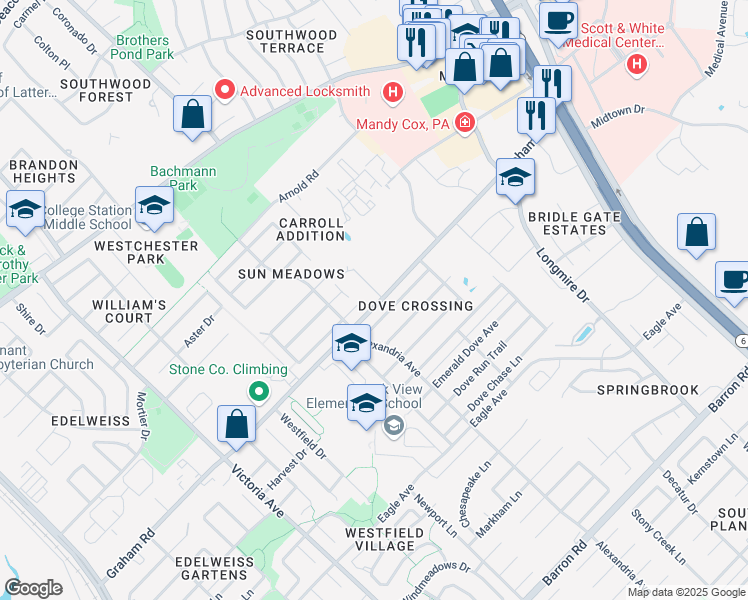 map of restaurants, bars, coffee shops, grocery stores, and more near 3620 Glenna Court in College Station