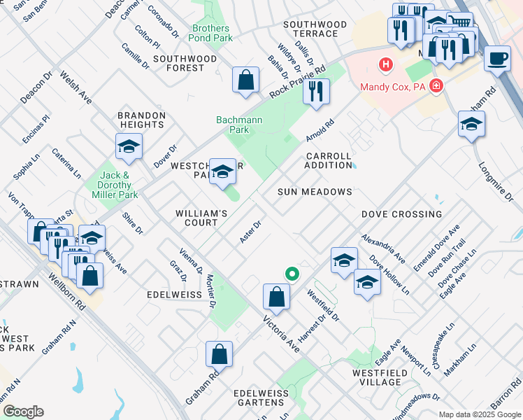 map of restaurants, bars, coffee shops, grocery stores, and more near 3510 Wild Plum Street in College Station