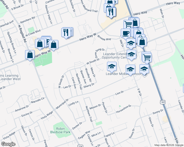 map of restaurants, bars, coffee shops, grocery stores, and more near 205 Mesa Drive in Leander