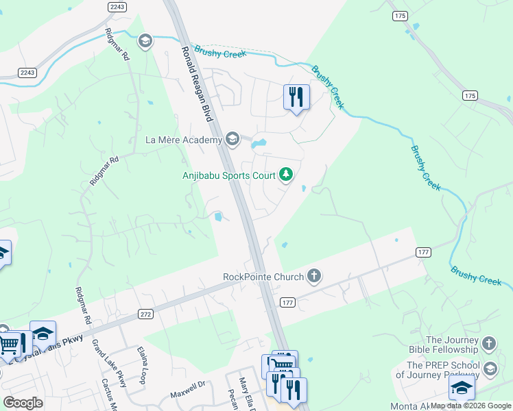 map of restaurants, bars, coffee shops, grocery stores, and more near 1325 Brome Drive in Leander