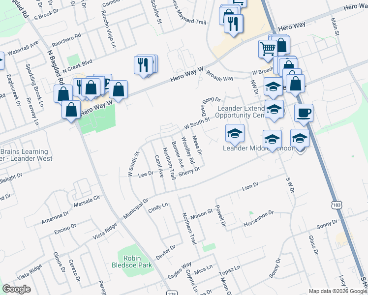 map of restaurants, bars, coffee shops, grocery stores, and more near 110 Banner Avenue in Leander