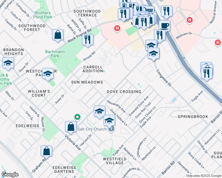 map of restaurants, bars, coffee shops, grocery stores, and more near 3626 Glenna Court in College Station