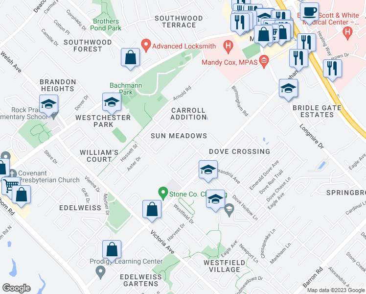 map of restaurants, bars, coffee shops, grocery stores, and more near 939 Willow Pond Street in College Station