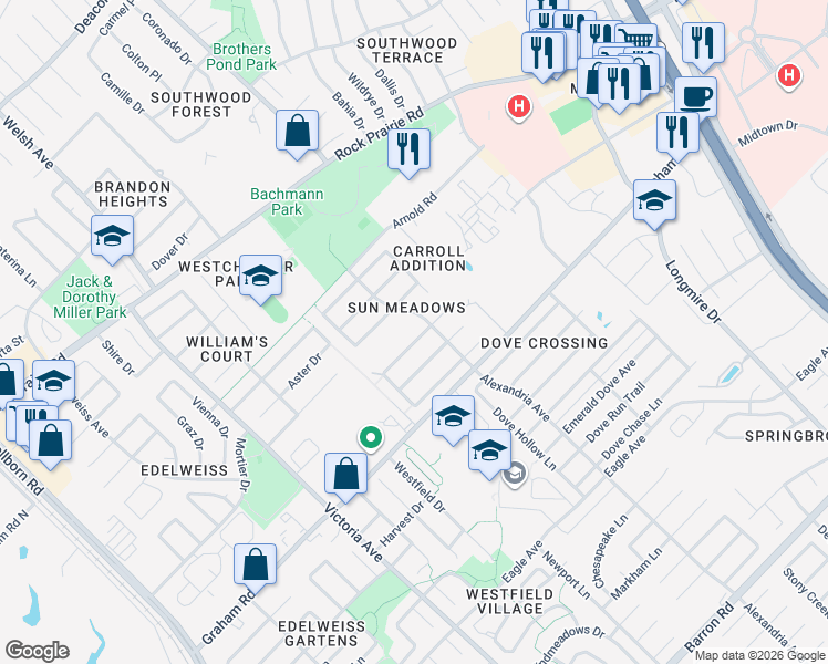 map of restaurants, bars, coffee shops, grocery stores, and more near 937 Willow Pond Street in College Station