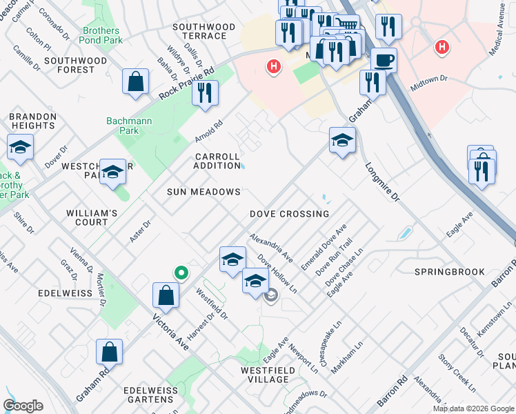 map of restaurants, bars, coffee shops, grocery stores, and more near 3620 Glenna Court in College Station