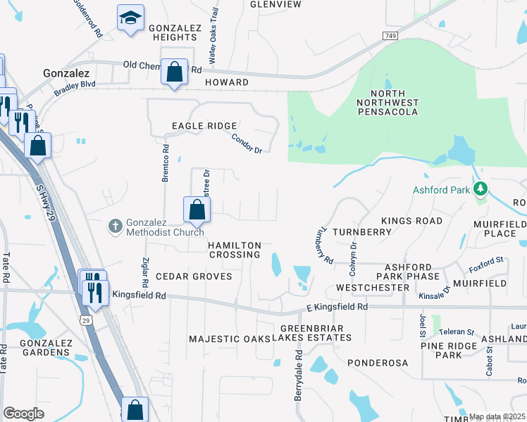 map of restaurants, bars, coffee shops, grocery stores, and more near 1821 Shady Creek Drive in Cantonment