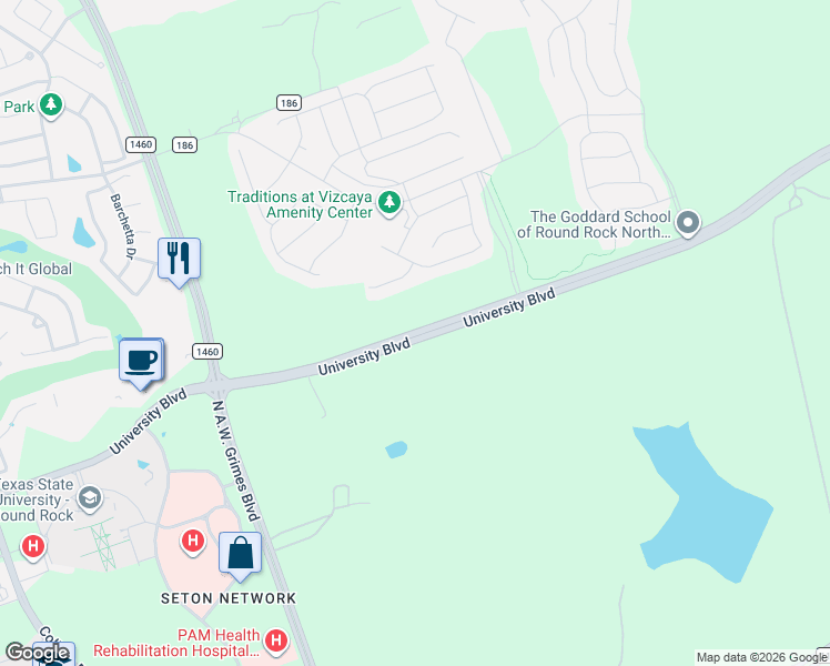 map of restaurants, bars, coffee shops, grocery stores, and more near University Boulevard in Williamson County