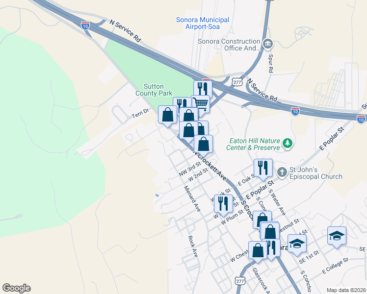 map of restaurants, bars, coffee shops, grocery stores, and more near 801 North Crockett Avenue in Sonora