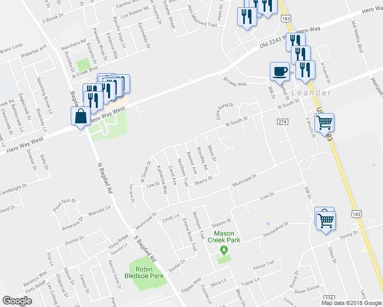 map of restaurants, bars, coffee shops, grocery stores, and more near 110 Banner Avenue in Leander