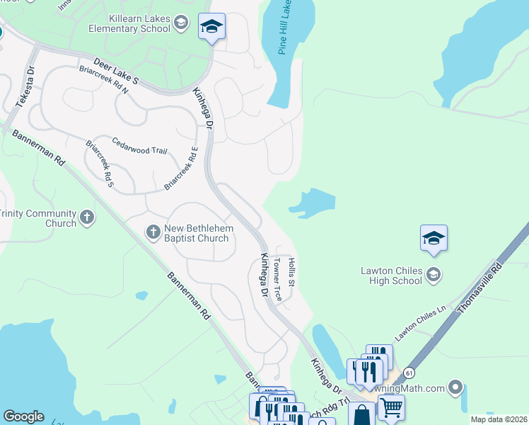 map of restaurants, bars, coffee shops, grocery stores, and more near 3439 Briar Branch Trail in Tallahassee