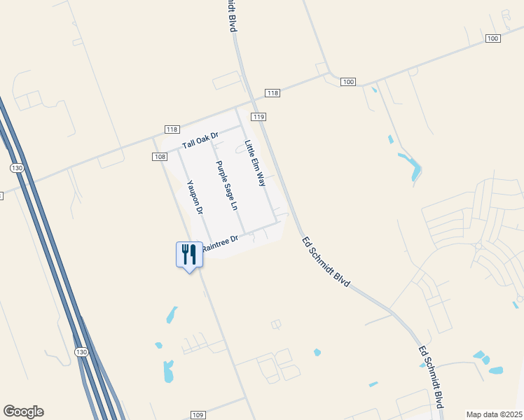 map of restaurants, bars, coffee shops, grocery stores, and more near 109 Little Elm Way in Hutto