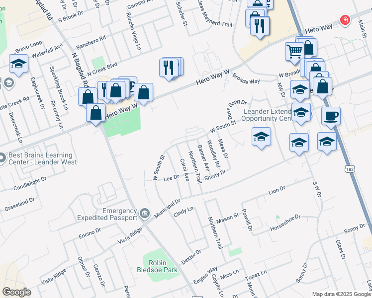 map of restaurants, bars, coffee shops, grocery stores, and more near 105 Northern Trail in Leander