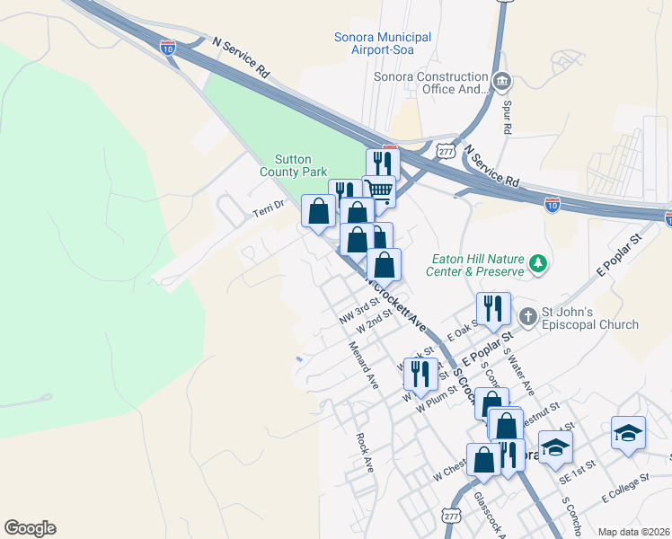map of restaurants, bars, coffee shops, grocery stores, and more near 801 North Crockett Avenue in Sonora
