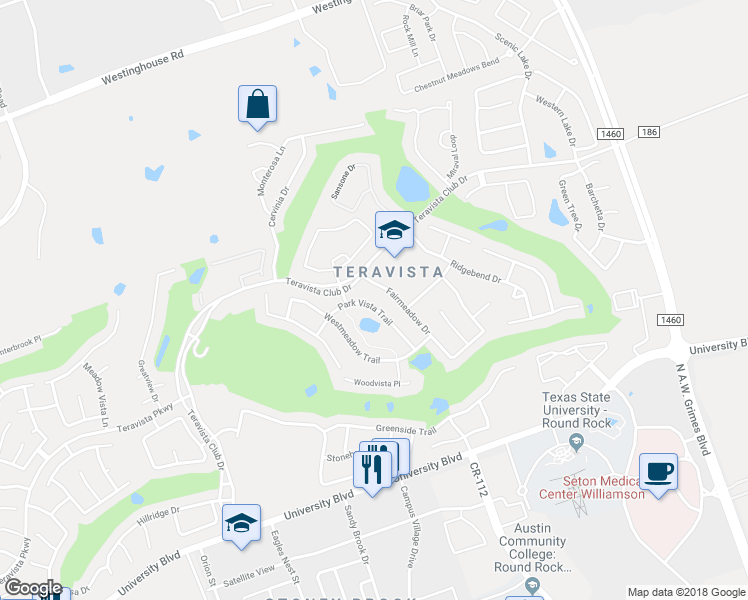 map of restaurants, bars, coffee shops, grocery stores, and more near 4228 Park Vista Trail in Round Rock