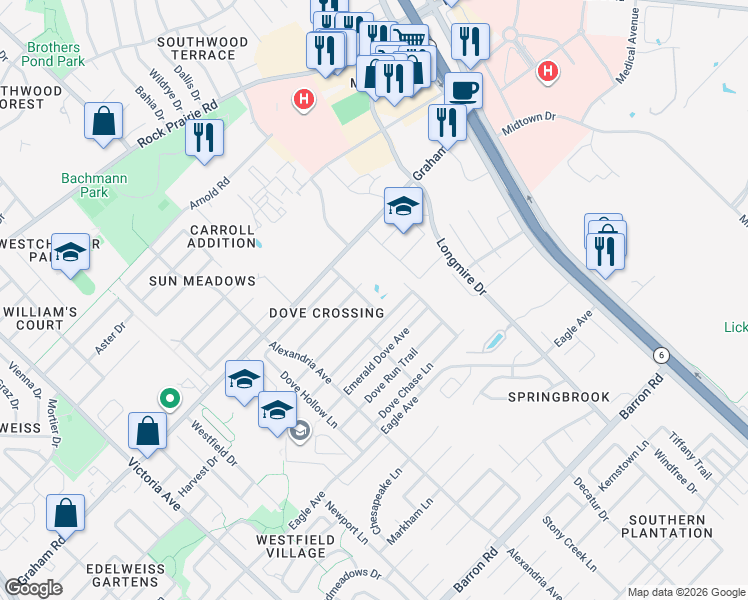 map of restaurants, bars, coffee shops, grocery stores, and more near 3723 Dove Crossing Lane in College Station