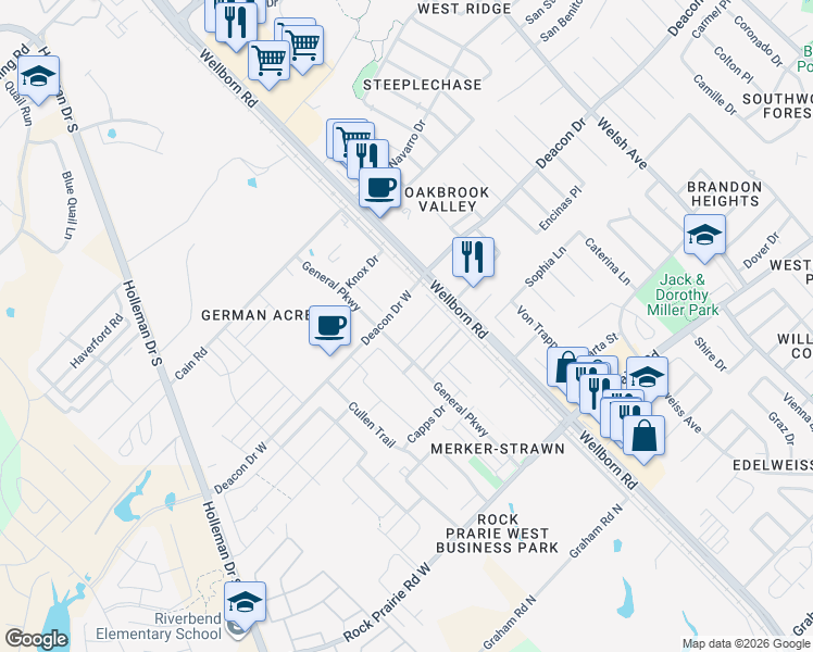 map of restaurants, bars, coffee shops, grocery stores, and more near 115 Kimber Lane in College Station