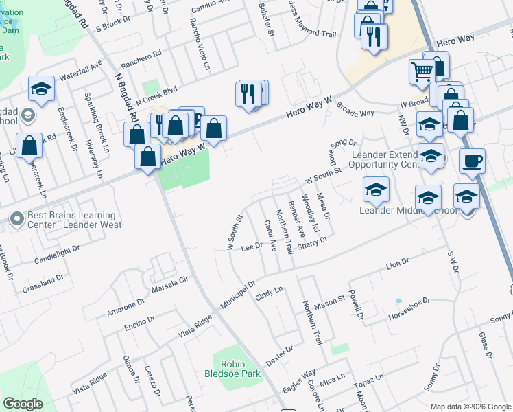 map of restaurants, bars, coffee shops, grocery stores, and more near 807 West South Street in Leander