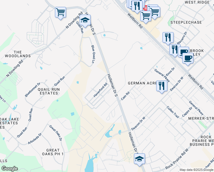 map of restaurants, bars, coffee shops, grocery stores, and more near 3515 Haverford Road in College Station