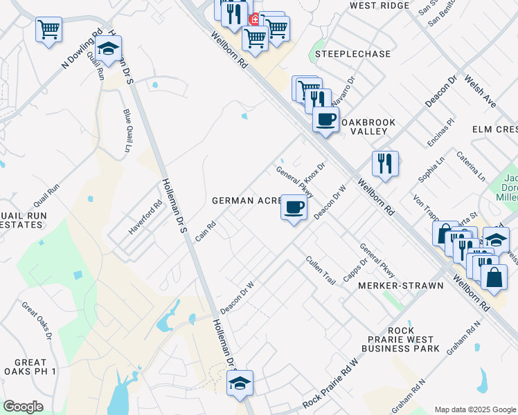 map of restaurants, bars, coffee shops, grocery stores, and more near 319 Newcomb Lane in College Station