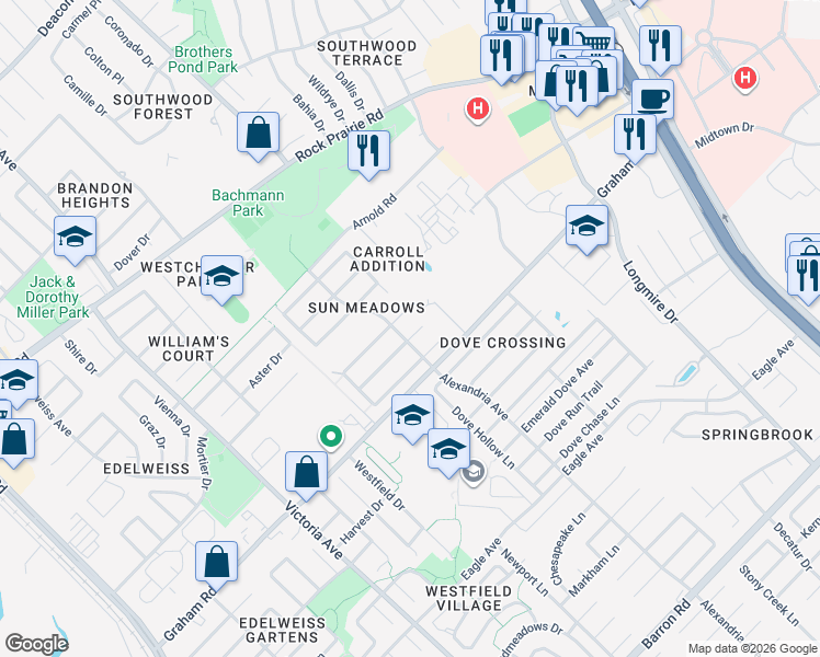 map of restaurants, bars, coffee shops, grocery stores, and more near 1002 Willow Pond Court in College Station