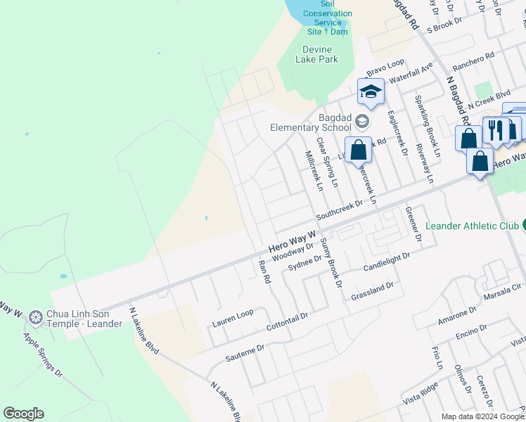 map of restaurants, bars, coffee shops, grocery stores, and more near 429 Sterling Ridge Drive in Leander