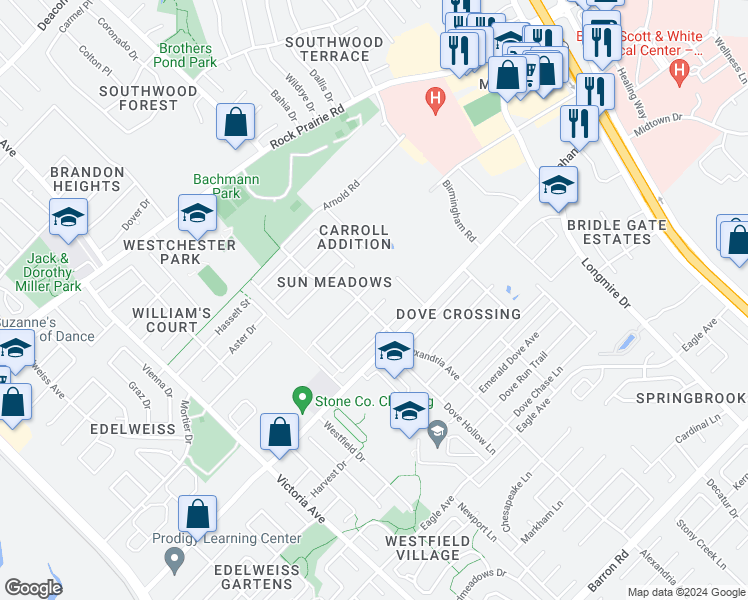 map of restaurants, bars, coffee shops, grocery stores, and more near 1005 Crepe Myrtle Court in College Station