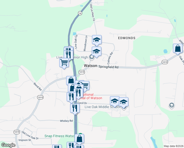 map of restaurants, bars, coffee shops, grocery stores, and more near 8124 Springfield Road in Denham Springs