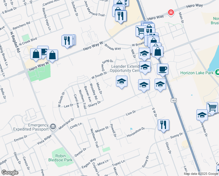 map of restaurants, bars, coffee shops, grocery stores, and more near 211 Bluebonnet Tr in Leander