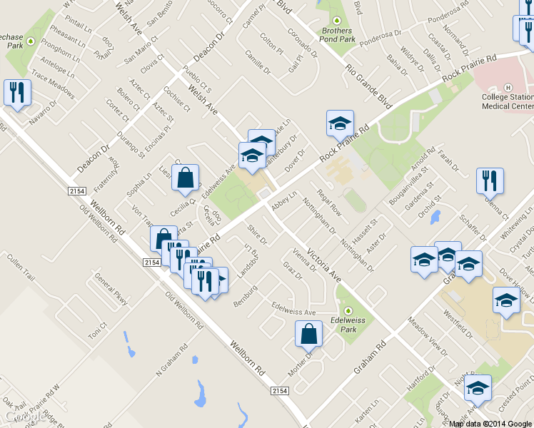 map of restaurants, bars, coffee shops, grocery stores, and more near 3405 Mustang Lane in College Station