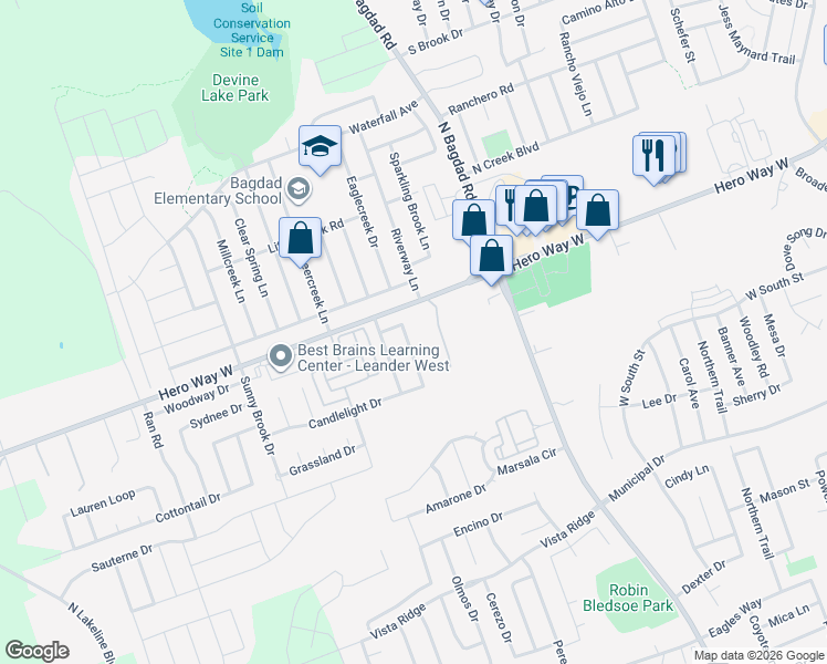 map of restaurants, bars, coffee shops, grocery stores, and more near 400 Bello Drive in Leander