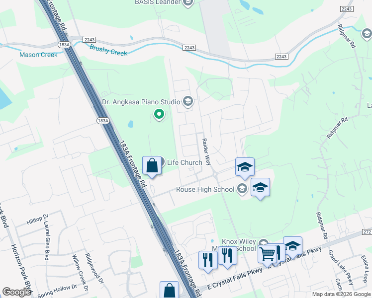 map of restaurants, bars, coffee shops, grocery stores, and more near 1508 Everts Street in Leander