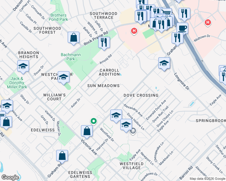 map of restaurants, bars, coffee shops, grocery stores, and more near 1002 Willow Pond Court in College Station