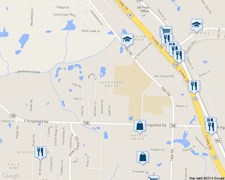 map of restaurants, bars, coffee shops, grocery stores, and more near 2106 Staff Drive in Cantonment