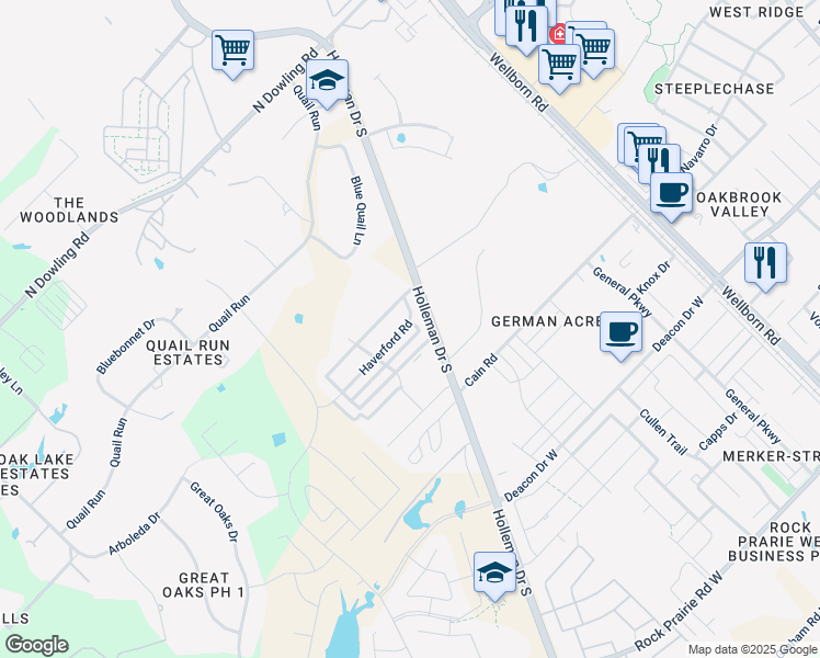 map of restaurants, bars, coffee shops, grocery stores, and more near 3515 Haverford Road in College Station