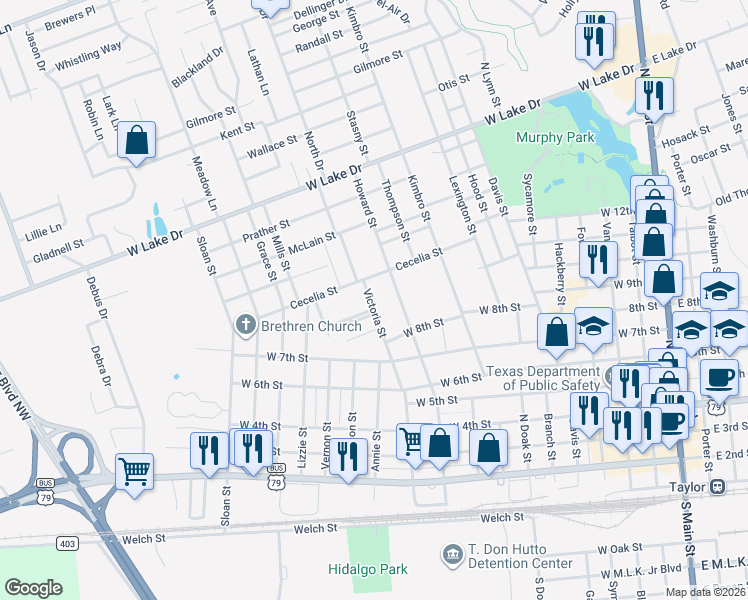 map of restaurants, bars, coffee shops, grocery stores, and more near 915 Howard Street in Taylor