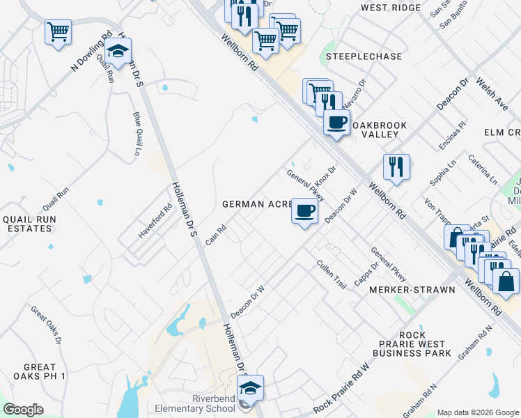 map of restaurants, bars, coffee shops, grocery stores, and more near 319 Newcomb Lane in College Station