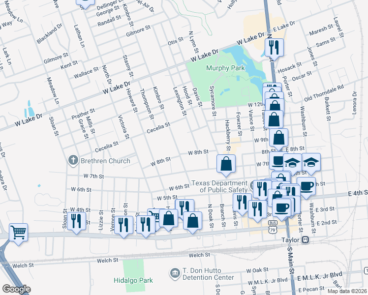 map of restaurants, bars, coffee shops, grocery stores, and more near 806 Kimbro Street in Taylor